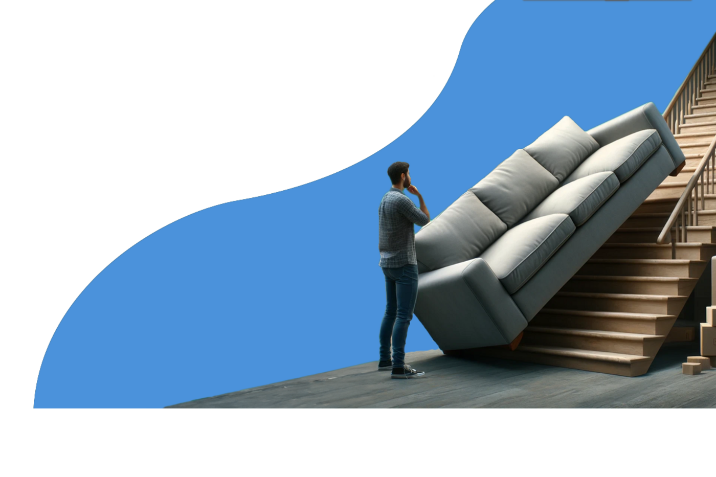 Iemand tilt een bank de trap op, geholpen door een MIER-handje-bij